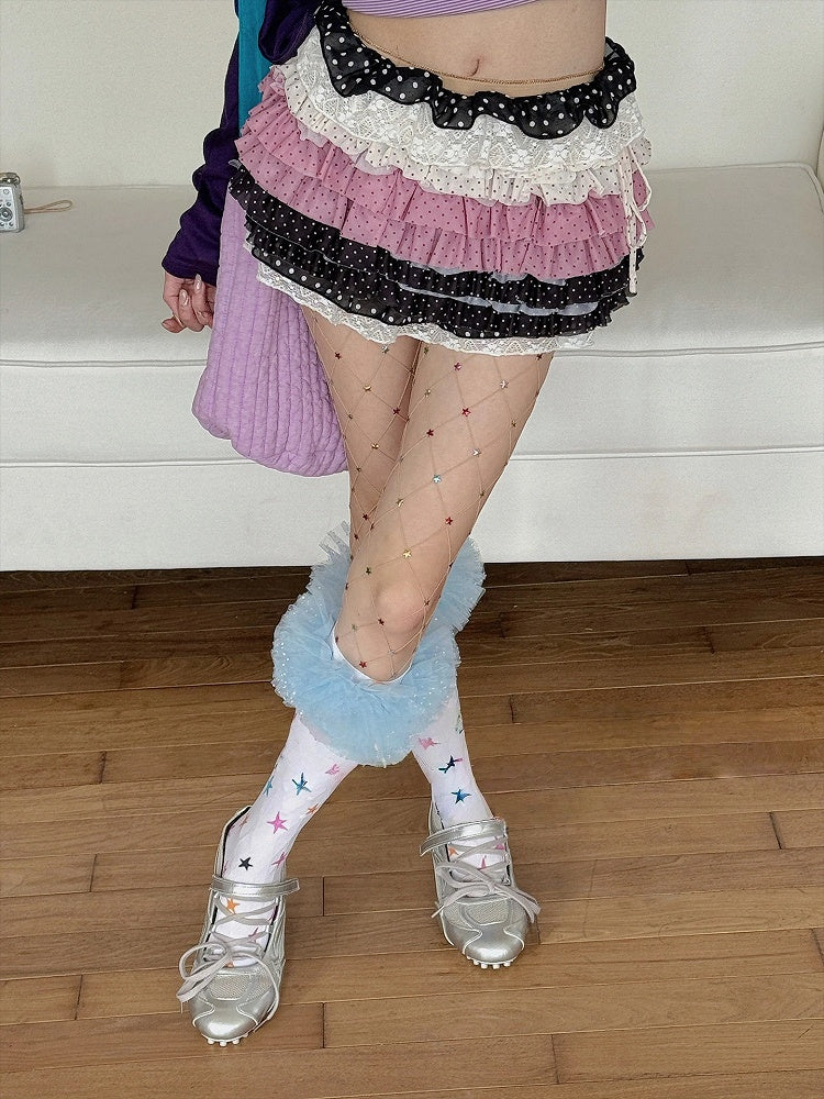 Stockings Star-Print (Y2K Ruffle Colorful Tulle Sweet Style)