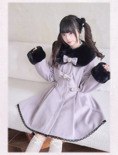 and Lavender Purple Coat Jirai Kei Plush Cuffs Rhinestones Lace Trim Collar Bowknots