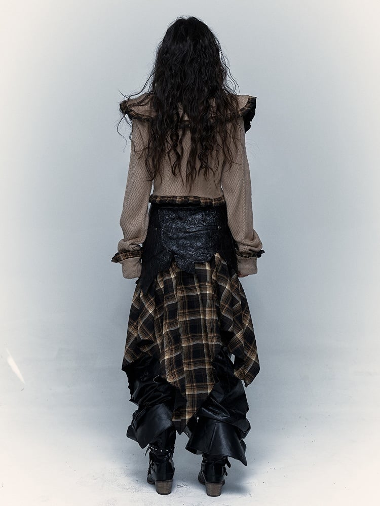 Corset Dress/Skirt: PU Studded Black 2-in-1 Hem Plaid Handkerchief Convertible Strapless