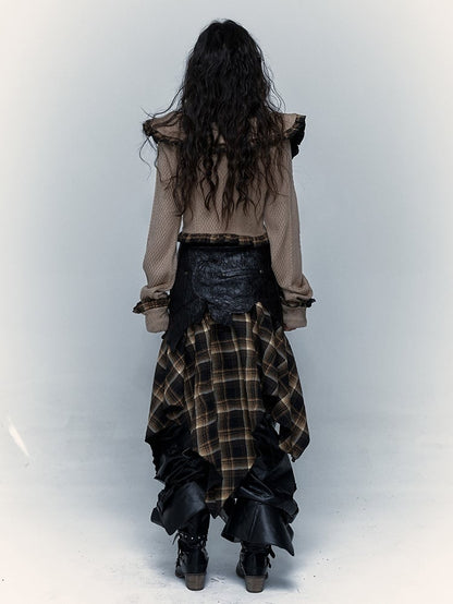 Corset Dress/Skirt: PU Studded Black 2-in-1 Hem Plaid Handkerchief Convertible Strapless