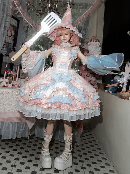 Witch-Themed Lolita JSK Full Ensemble in Pink and Blue with Bow Train, Cape, Detachable Sleeves, Hat and Outer Sleeves - Felinae Cookie