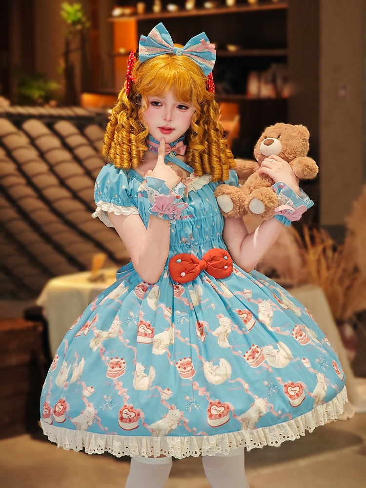 Elastischer Print Kitty Smocked Blue Bows Mieder Lolita und Piece Sweet One