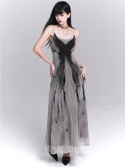 Gothic Gray Butterfly Slim-fitting Slip Dress
