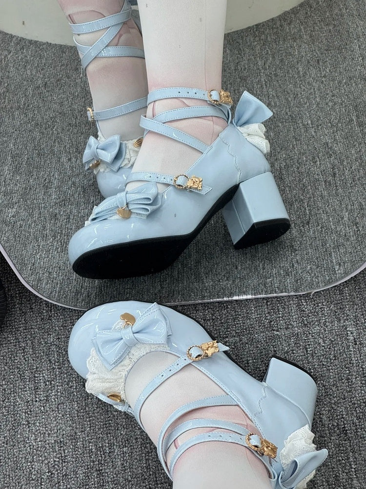 Details Bow Blue Lolita PU Sweet - Mid-heel Shoes