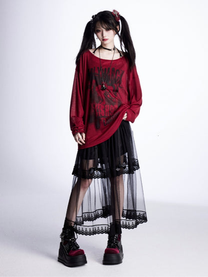 Graphic Vintage Coverup Red Semi-sheer Asymmetrical Neckline Sun Protection