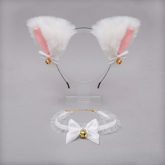 / Choker Black Lolita Pink Bell KC Fur Faux Cute Ear Lace White + Kitty Set Bowknot -