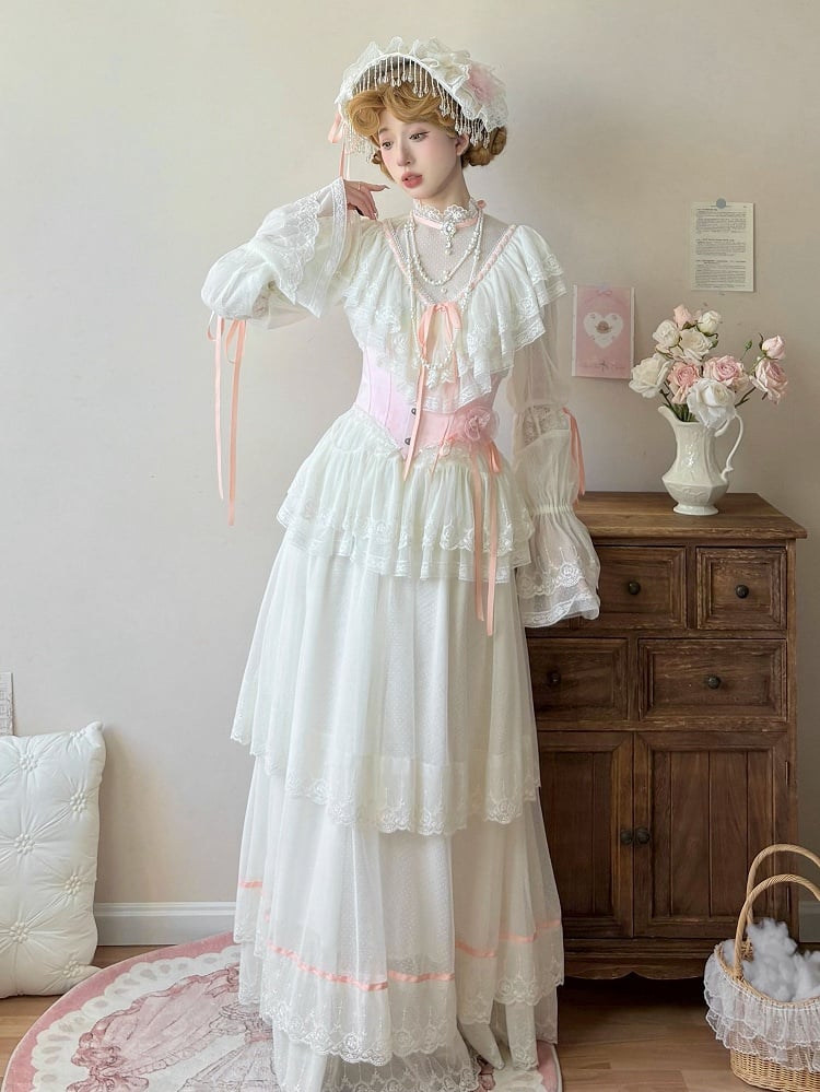 Rock-Halsketten-Hals-Langblusen-Set + Edward Lolita Pink Korsett Elegant Beige Perlen - Vollklassiker