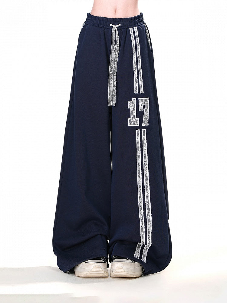 Waist Sports Navy Blue Elastic Waist Lace Drawstring Wide-Leg Pants