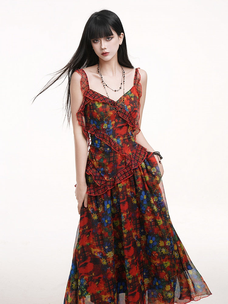 Cascading Dye Straps with Ribbon Red Slip Plaid Floral Dress Ruffles Tie