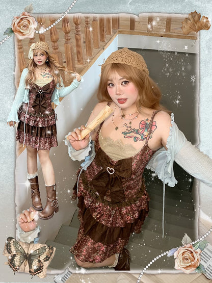 Top / Plus Size Braunes Slip-Kleid mit Blumendruck Mintgrün