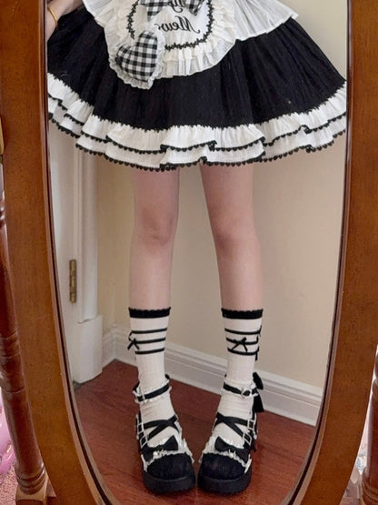 Elegant Lolita Black Platform Mid Block Heel Mary Janes - Crystal Buckle, Ruffle Trim & Heart Patch Heel