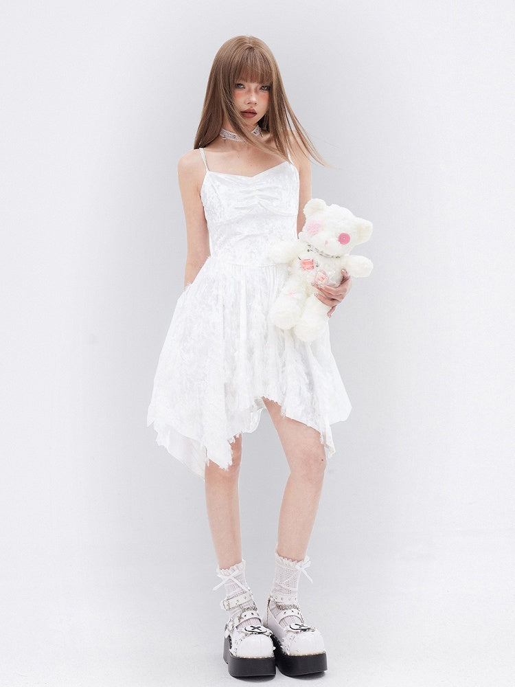 White Fringe Handkerchief Hem Cami Dress