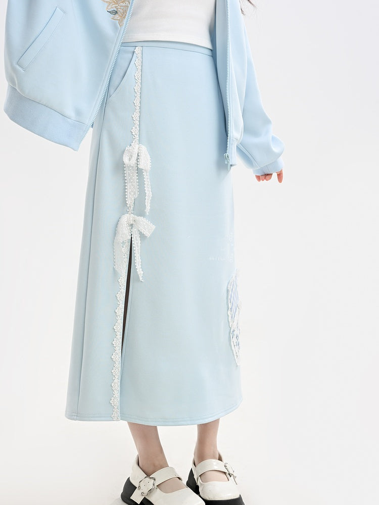 ブルーレースリボンサイドスリットフローラルアップリケスカート