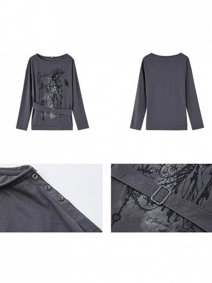 Square Print Gray Buckle T-Shirt Sleeve with Neck Long Asymmetrical Punk Strap Waist Black Graffiti