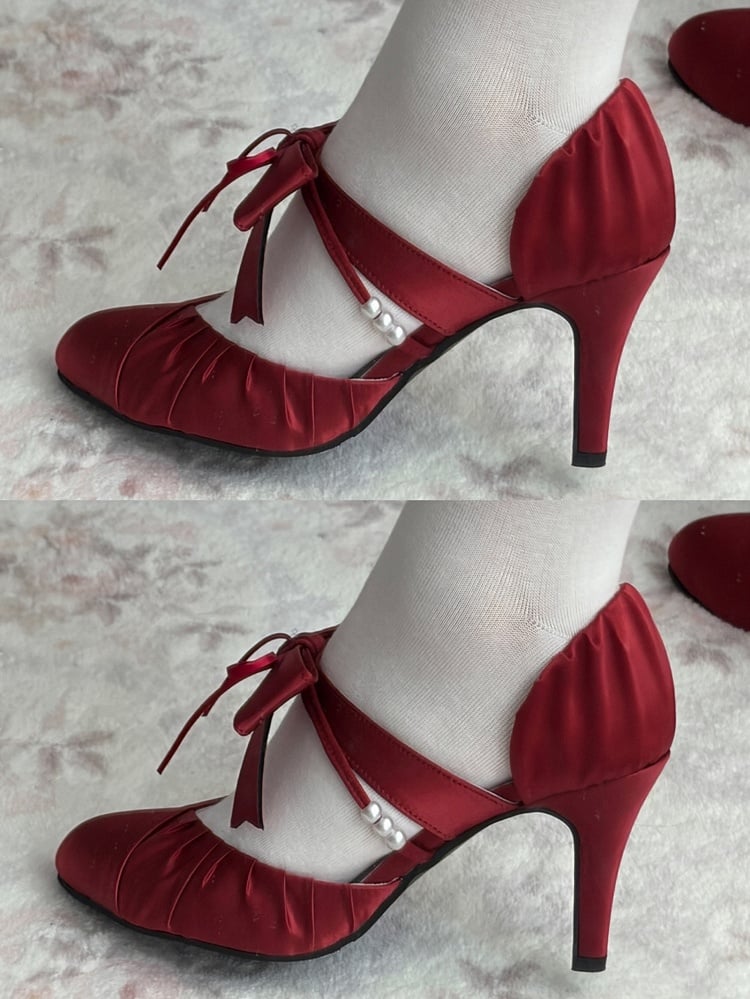 with Lolita Satin High-heel Toe Classic Accents Bow Red Pointed Shoes