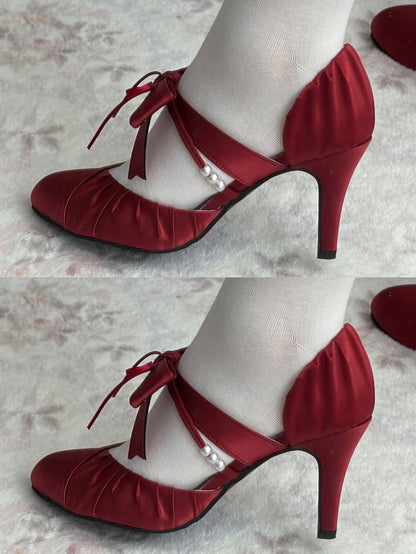 with Lolita Satin High-heel Toe Classic Accents Bow Red Pointed Shoes