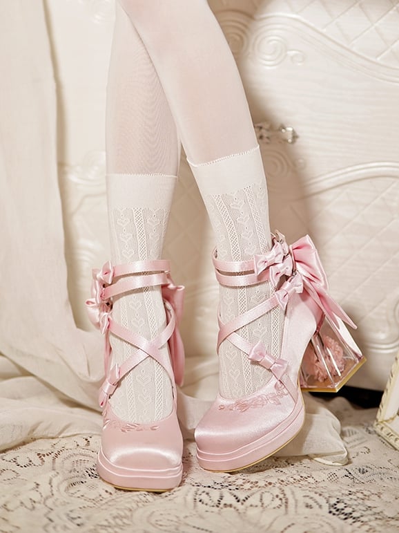 9cm Heels Pink Crisscross Heel Lolita Straps Design Transparent Elegant with -