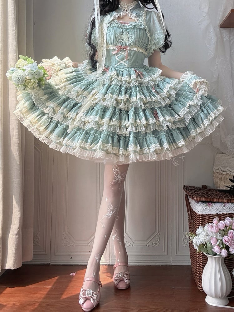 Lolita Dress Ruffles Embroidery Sweet Green and Goldfish Tiered Details Lace with