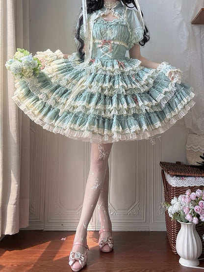Lolita Dress Ruffles Embroidery Sweet Green and Goldfish Tiered Details Lace with