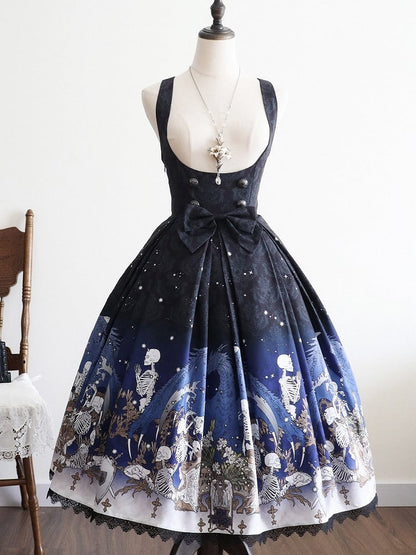 Blue Gothic Lolita and Under with Cross Bust Dress Black Lace Print Trim Skeleton