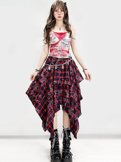 Y2K Hem BlackRed Plaid Pattern Skirt Handkerchief