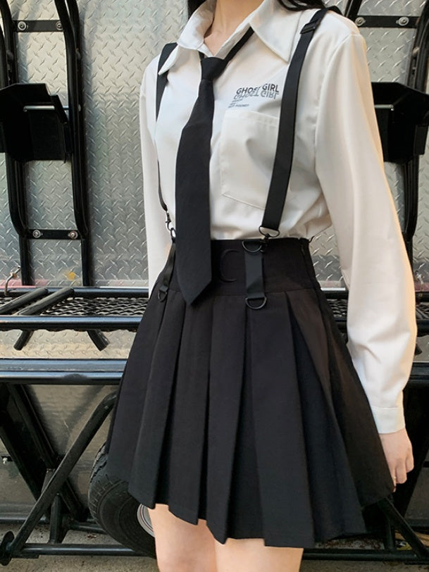 Black High Waist Box Pleat Overall Skirt