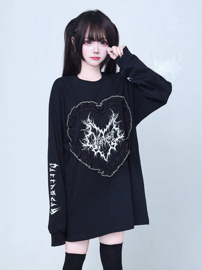 Jirai Black Ruffle Printed Kei Long-Sleeve Heart Trim T-Shirt