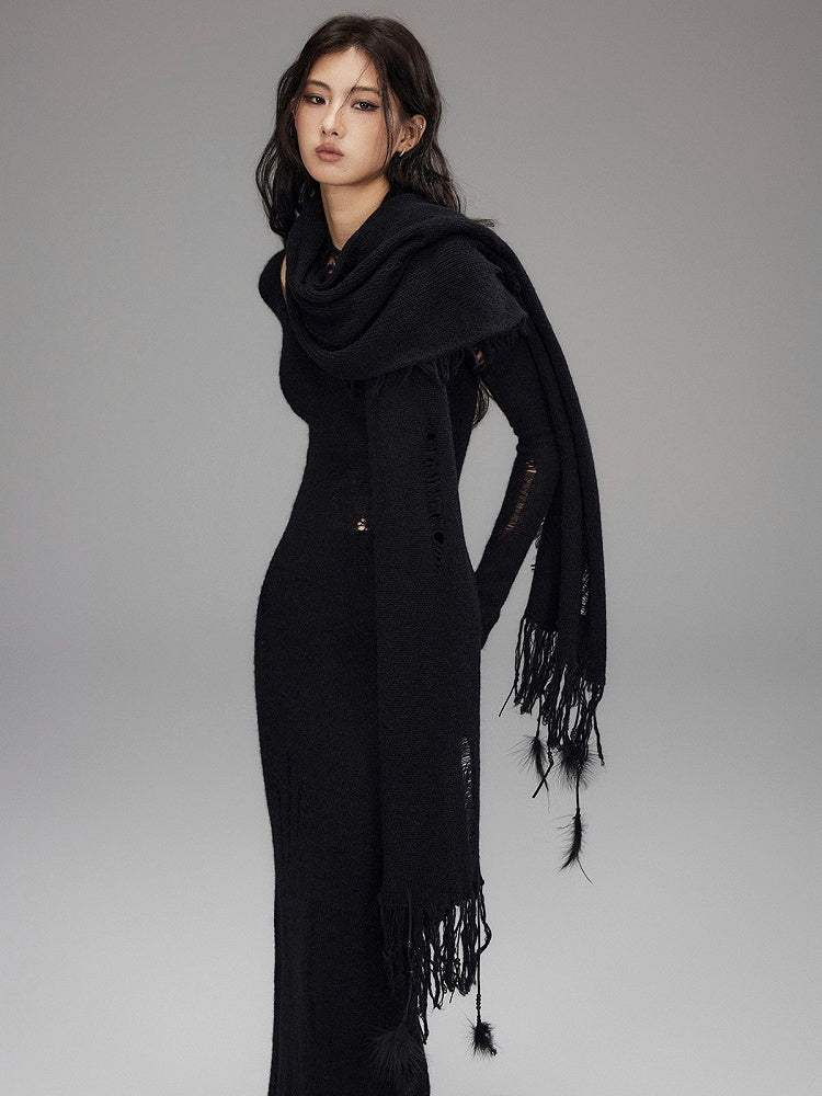 Black Long Distressed Scarf with Fringe - Low pixel