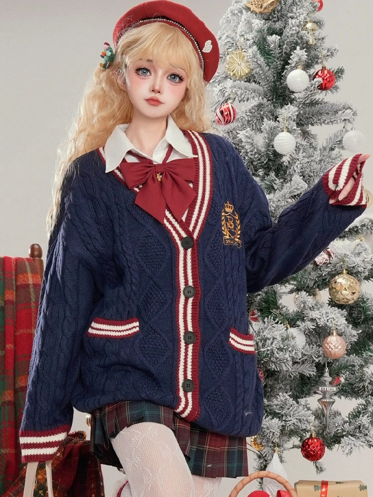 Christmas Navy Blue V-neck Preppy Loose Cardigan Contrast Striped Trim