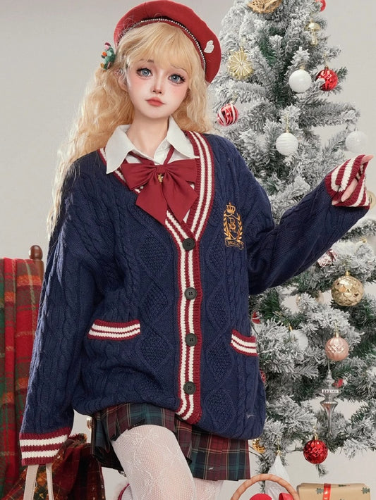 Christmas Navy Blue V-neck Preppy Loose Cardigan Contrast Striped Trim