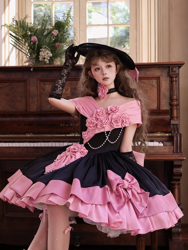 Pink Black Off-Shoulder Boned Lolita Gown - Treasure Box Factory