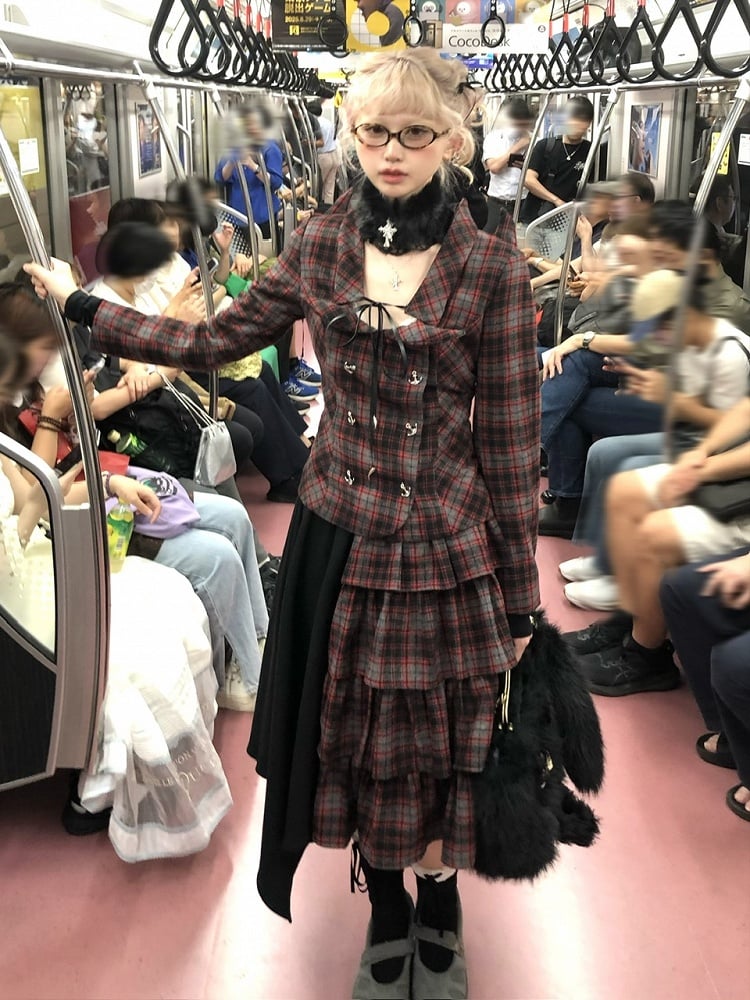 Wool Kawaii Plaid Black Skirt Bittersweet Tiered Red