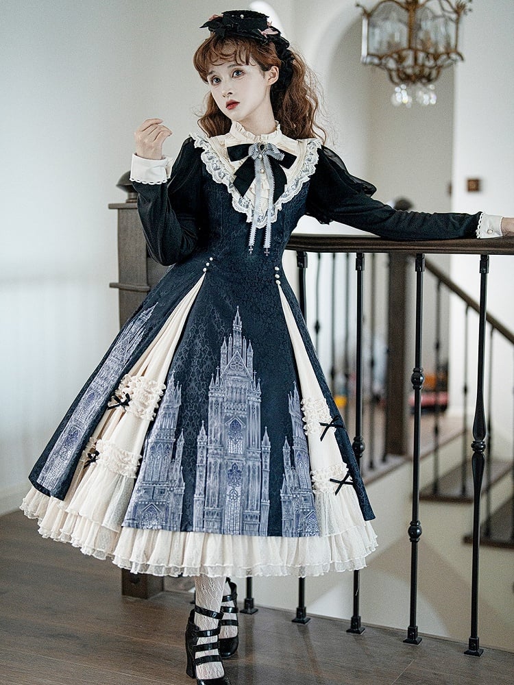 Print and Lolita Hem with Gothic Dress Black Beige Long-Sleeve Ruffled Church