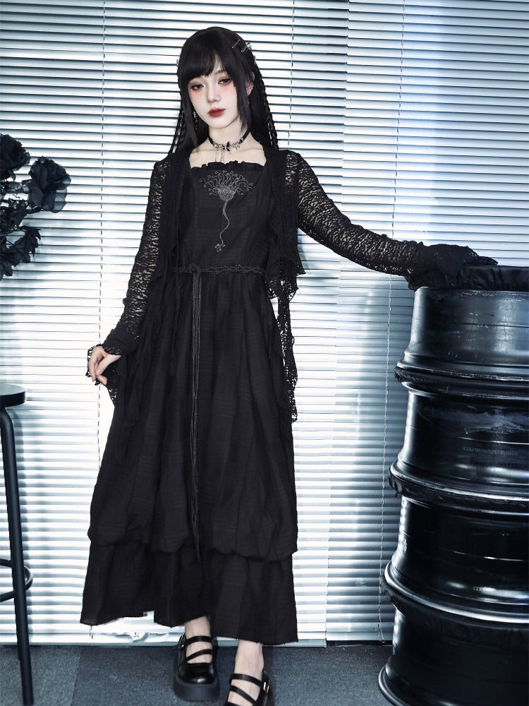 Black Hollow Lace Cardigan Asymmetrical Cut