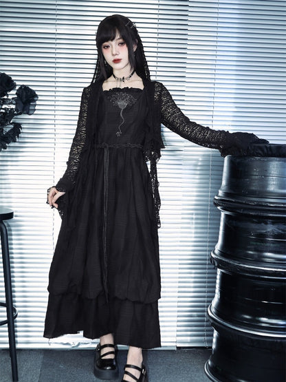 Black Hollow Lace Cardigan Asymmetrical Cut