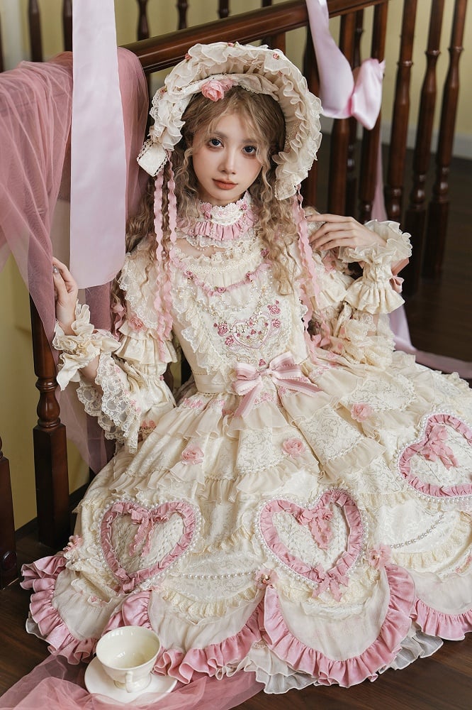 Beige Hanayome Rosette Stickerei Blumen und Perlenkette Lolita OP Komplettset