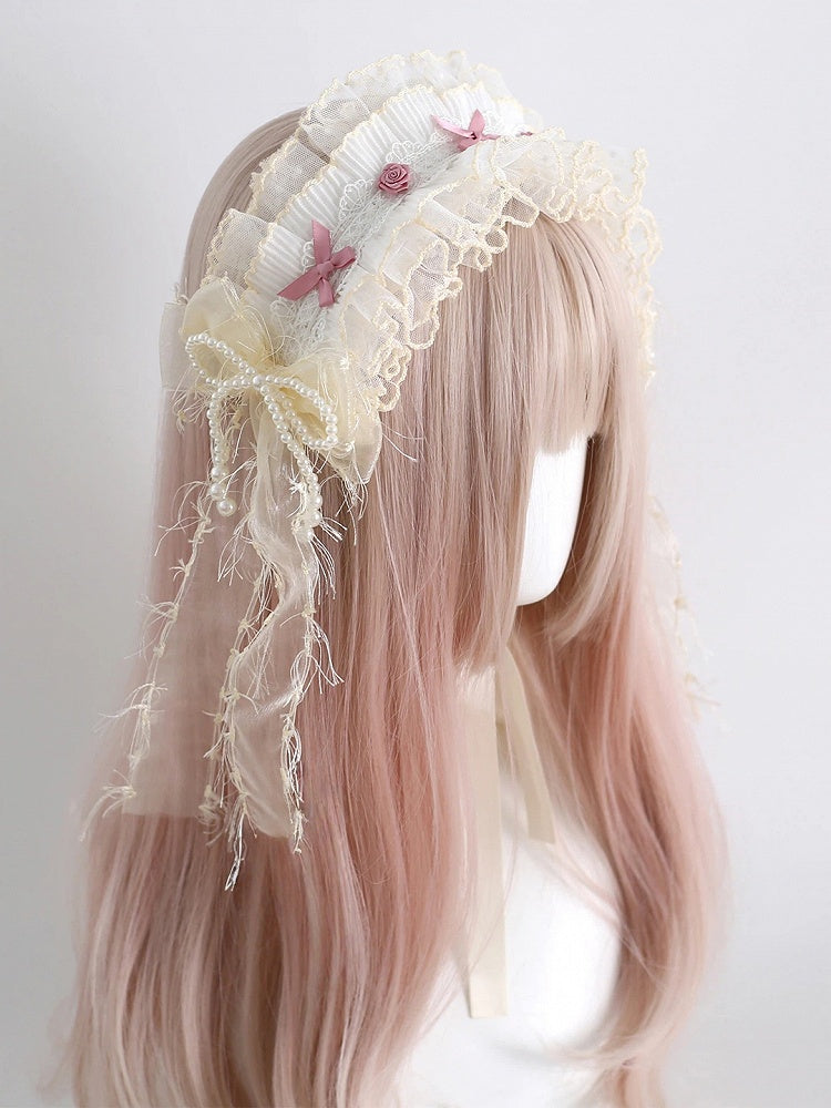 Streamers) Lolita Lace Hairband (Pearl Pink Cream Ruffled