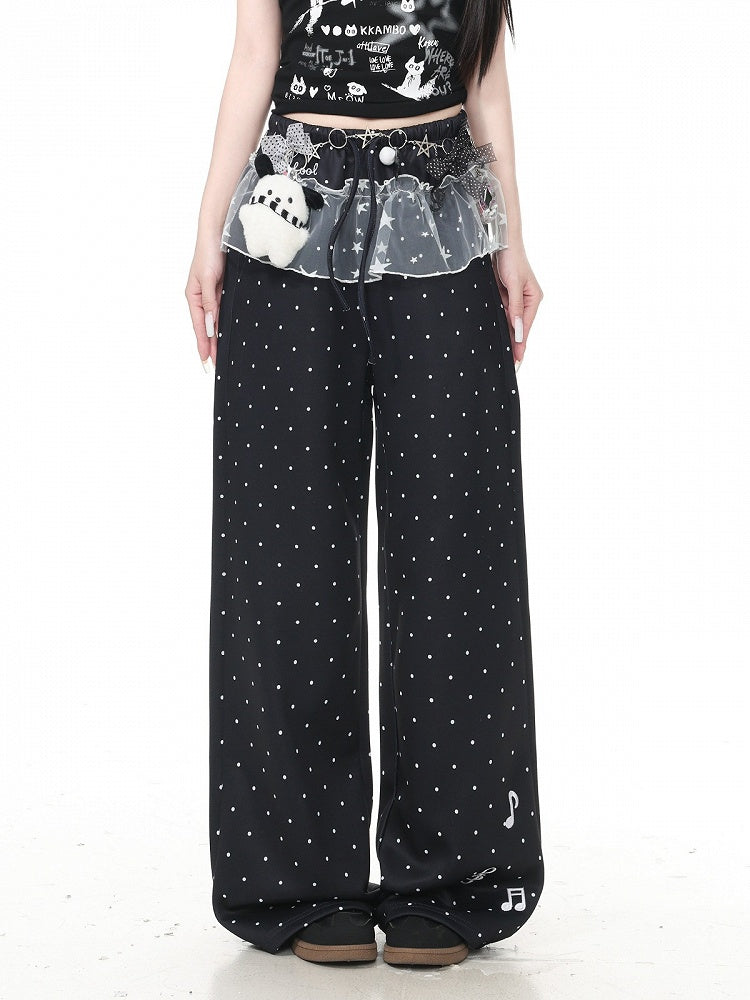 Casual Black Polka Dot Straight Pants with Star Tulle - Languid Park