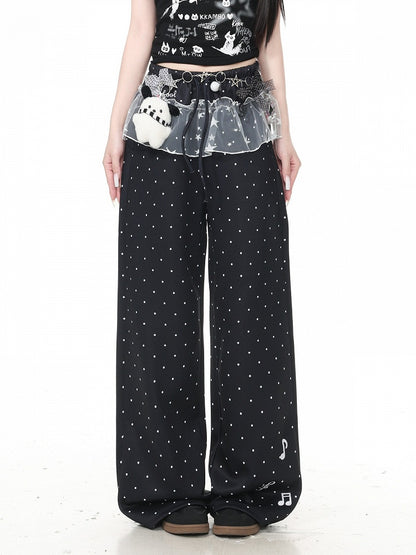 Casual Black Polka Dot Straight Pants with Star Tulle - Languid Park