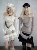 Off-White Heart Print Off-Shoulder Long Sleeve Flocked Knit Top with Back Cutout & Wing Decoration - NO ROMANCE