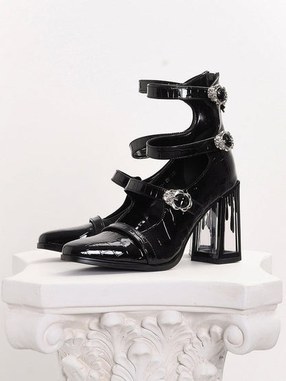 Polierte schwarze Gothic-Krokodil-Schnallenriemen mit Bluttropfen-Blockabsatz