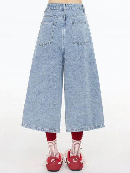 Cute Light Blue Cropped Wide-Leg Denim with Star Patches - Rayohopp