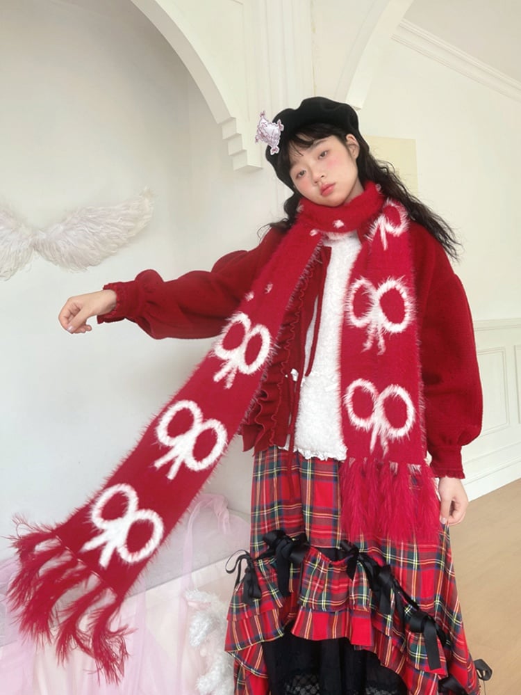 Long Fringe Scarf with Bow Pattern Festive Christmas Red
