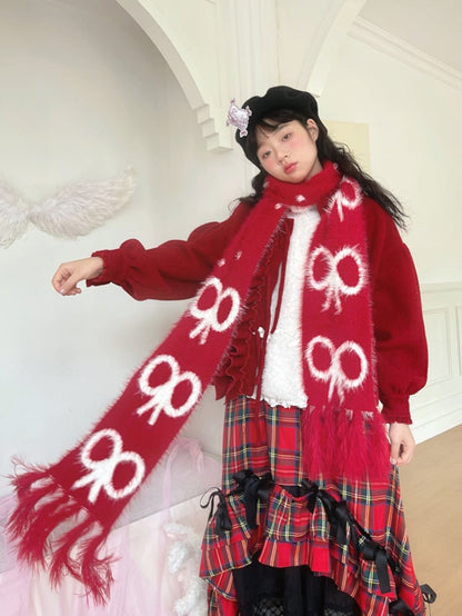Long Fringe Scarf with Bow Pattern Festive Christmas Red