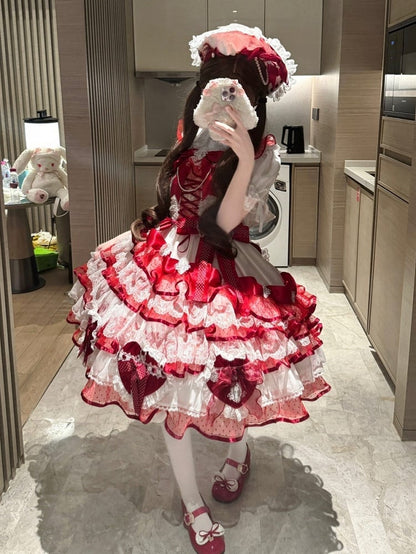 Lolita Hanayome und mehrlagiger herzförmiger weißer Rockpullover, Prinzessin, rote Schleifen, Kleiddekoration
