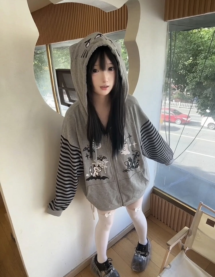 Alt-Culture Halloween-Themed Jacket Print Gray Zip-Up with Hood Cat-Ear