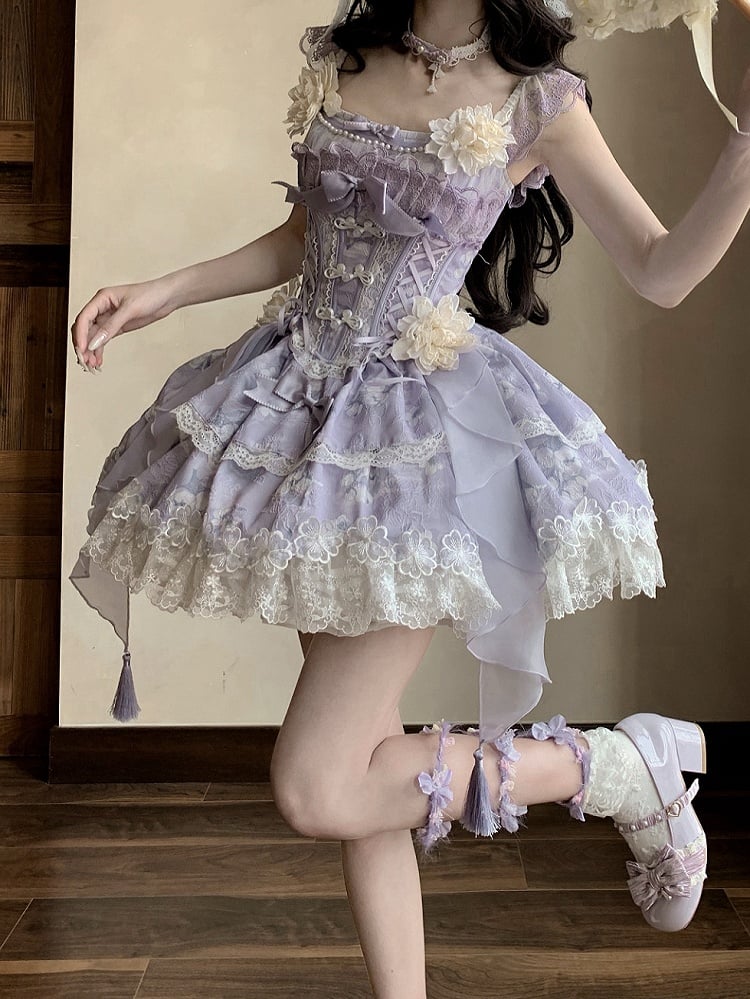 Version with Corset Purple Top Floral Frog Skirt Buttons Lolita Jasmine-Embellished Print Short +