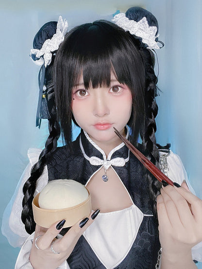 編み込みショートバングスウィッグ+ポニーテールブラック55CMクロー30CMクリップフルストレートダブル付き