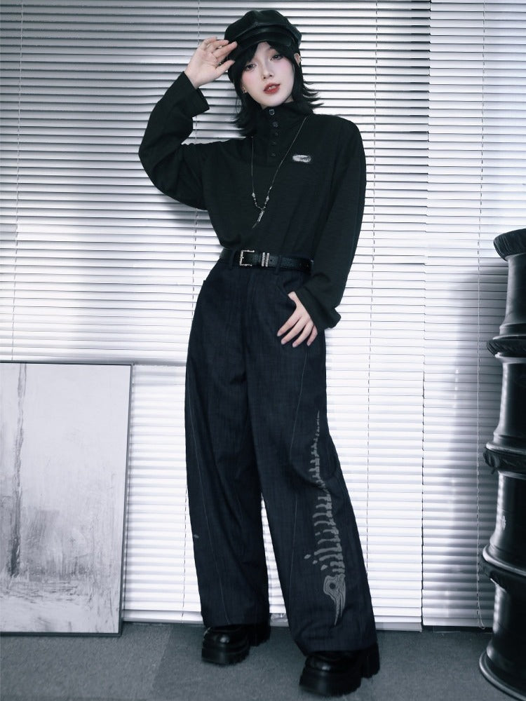Black Straight-Leg Denim with Embossed Skeleton Whale Graphic - Quirky Hut