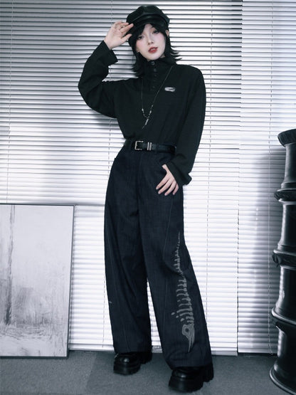 Black Straight-Leg Denim with Embossed Skeleton Whale Graphic - Quirky Hut